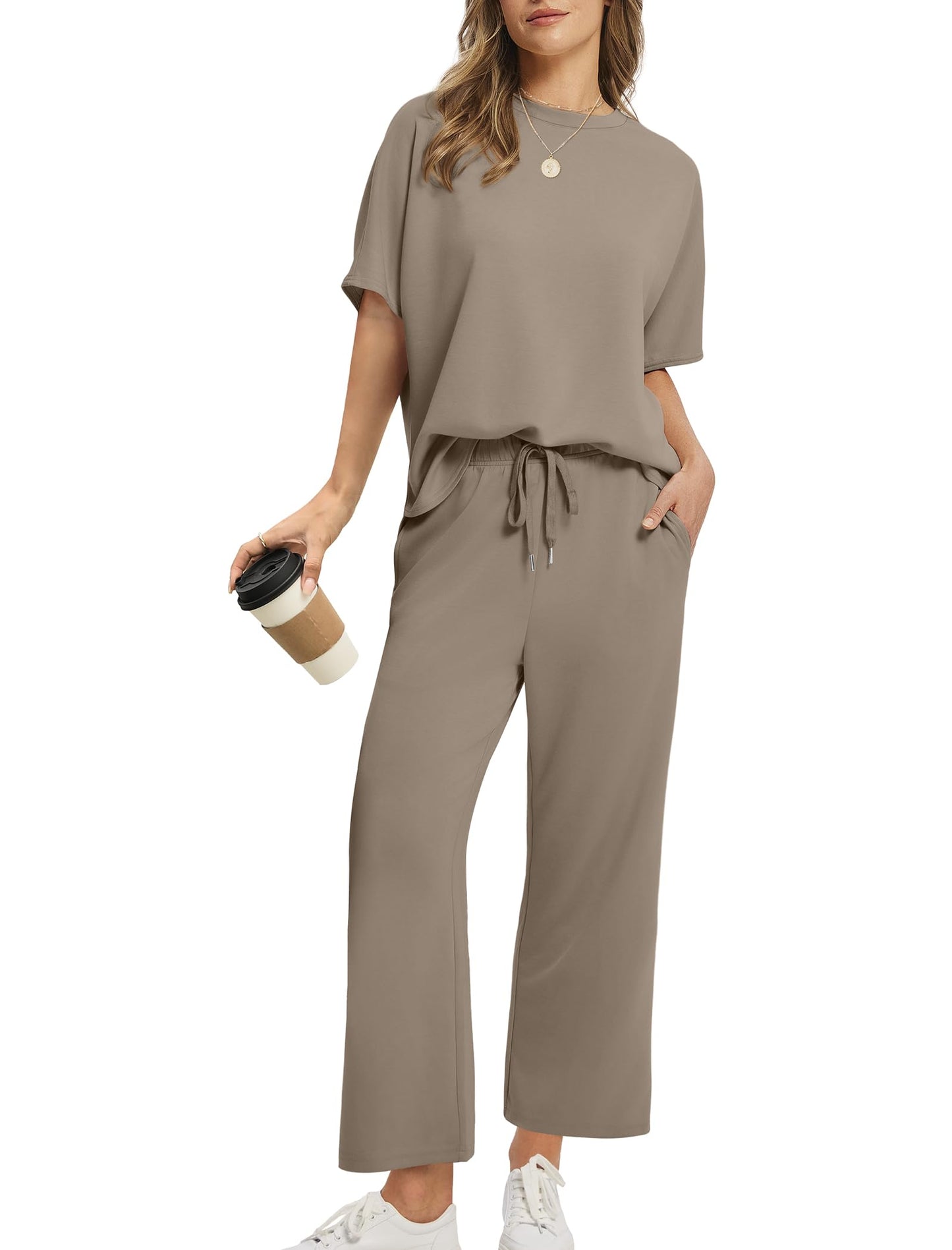 ⏰Hot Sale-Women Oversized Tshirt and Wide Leg Crop Pants 2 Piece Sets
