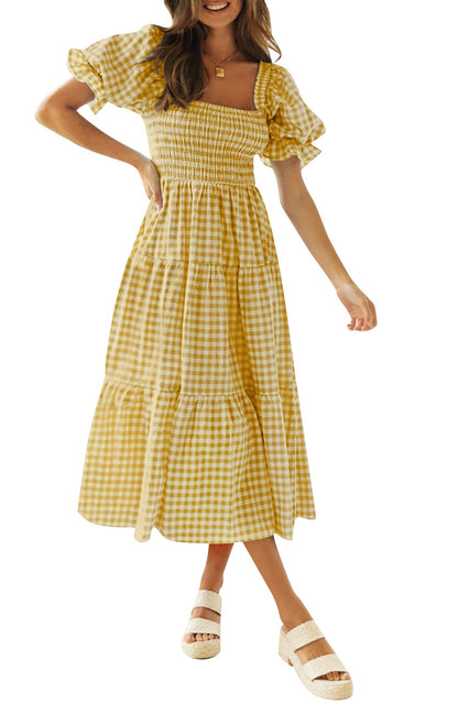 ✨Women's 2025 Summer Plaid Tiered Square Neck Puff Sleeve Ruffle Flowy Midi Dress