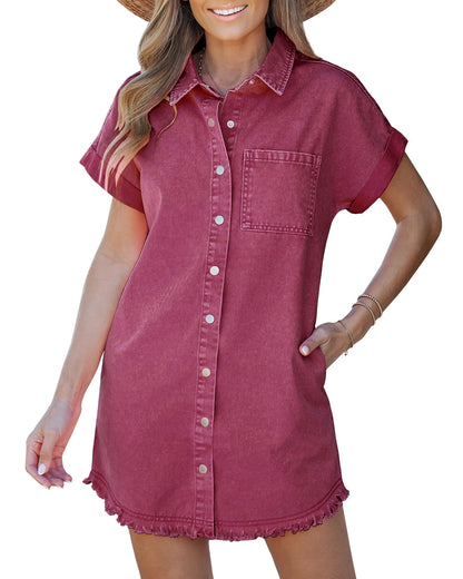 Limited time sale🔥Women's Button Down Frayed Hem Denim Shirt Dresses