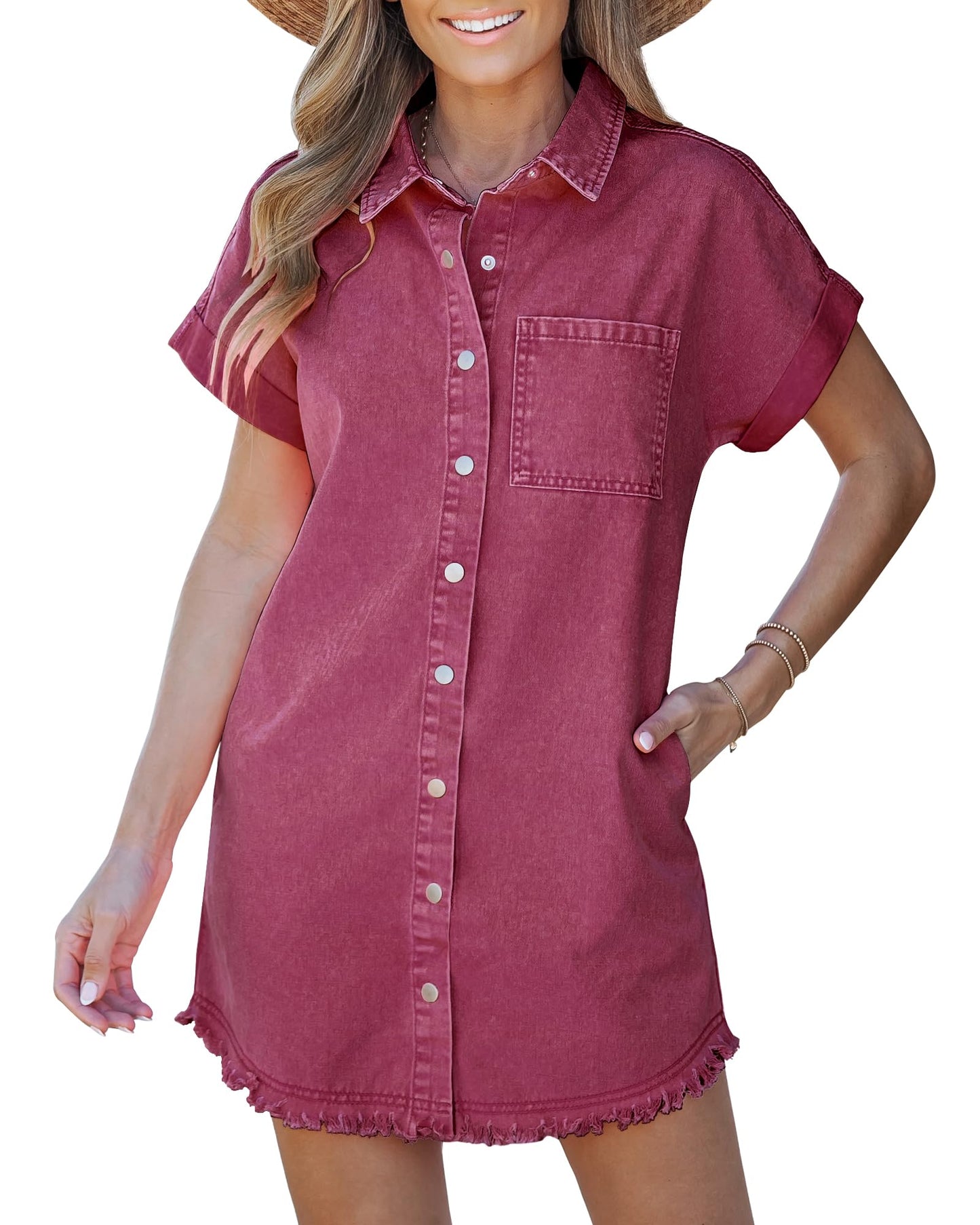 ✨Women's Button Down Frayed Hem Denim Shirt Dresses