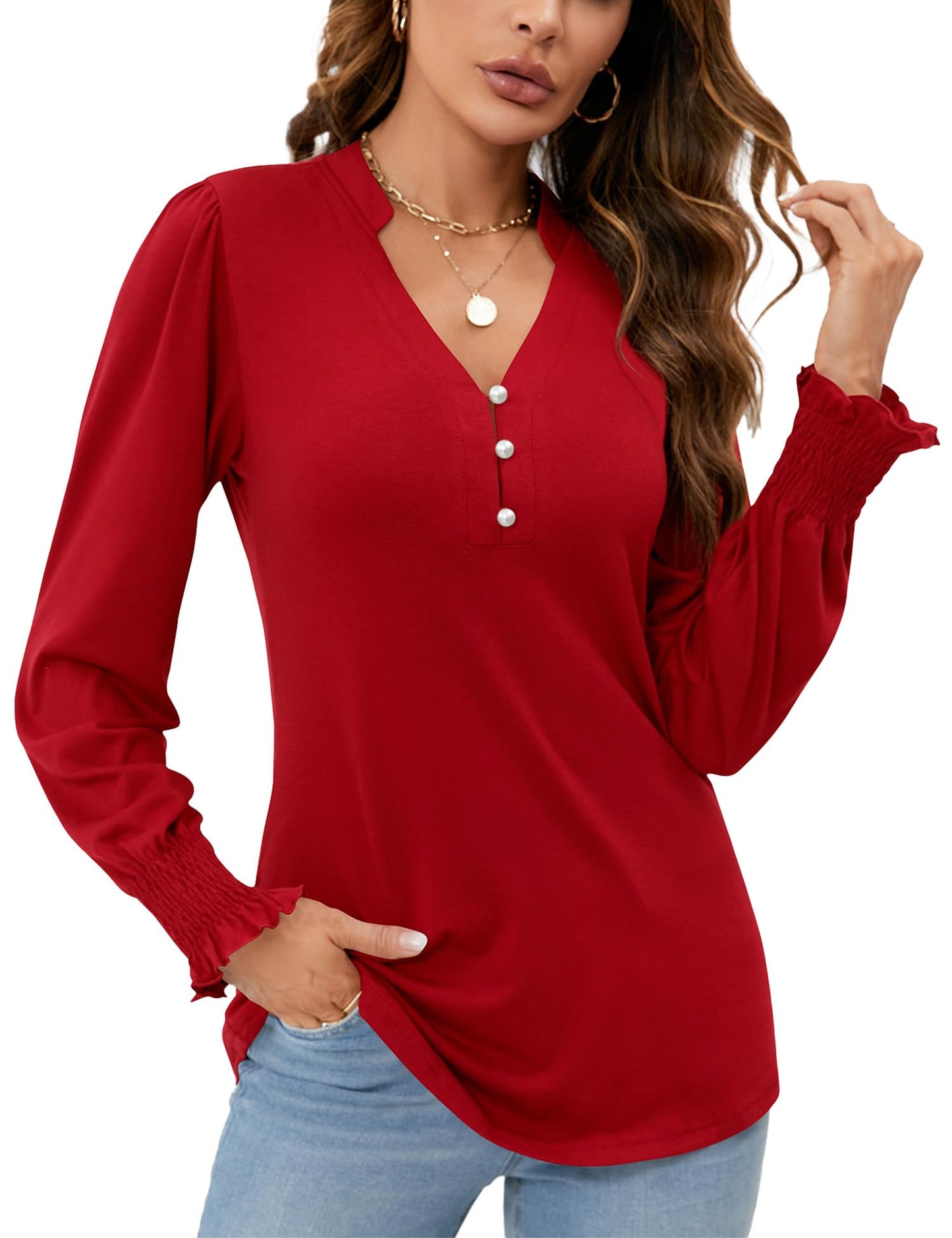 Womens V Neck Puff Long Sleeve Ruffle Cuffs Tunic Blouses