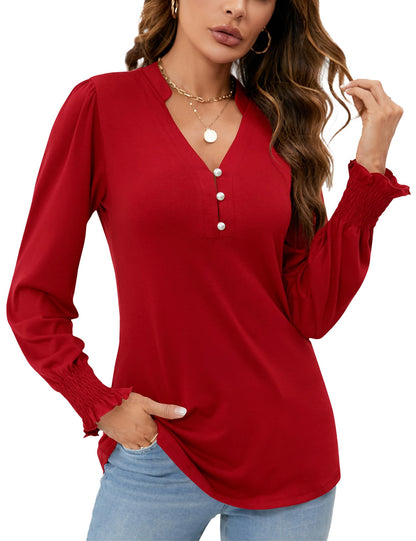 Womens V Neck Puff Long Sleeve Ruffle Cuffs Tunic Blouses