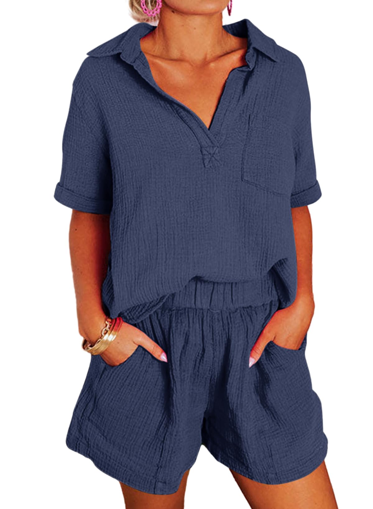 ✨Women's Two Piece Outfits V Neck Short Sleeve Shirts and High Waist Shorts Lounge Sets