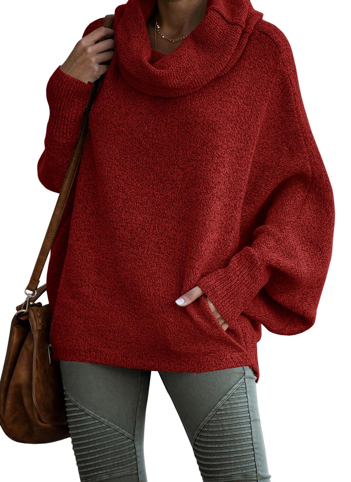 Women's Cowl Neck Batwing Sleeve Pullover Sweater with Pockets(50% OFF)
