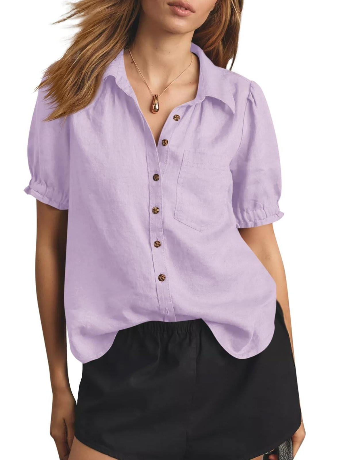 Women's Puff Short Sleeve Linen Blend Button-Down Shirt