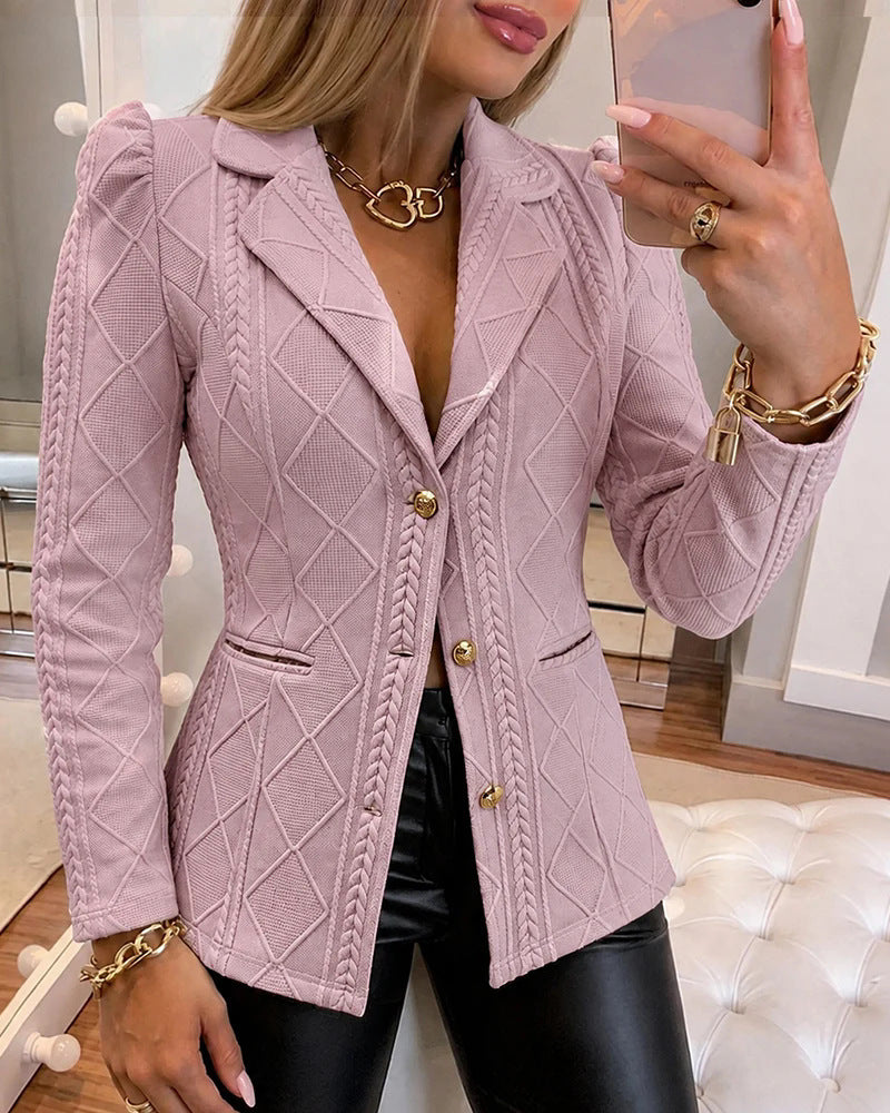 Women Lapel Collar Quilted Pattern Bodycon Blazer