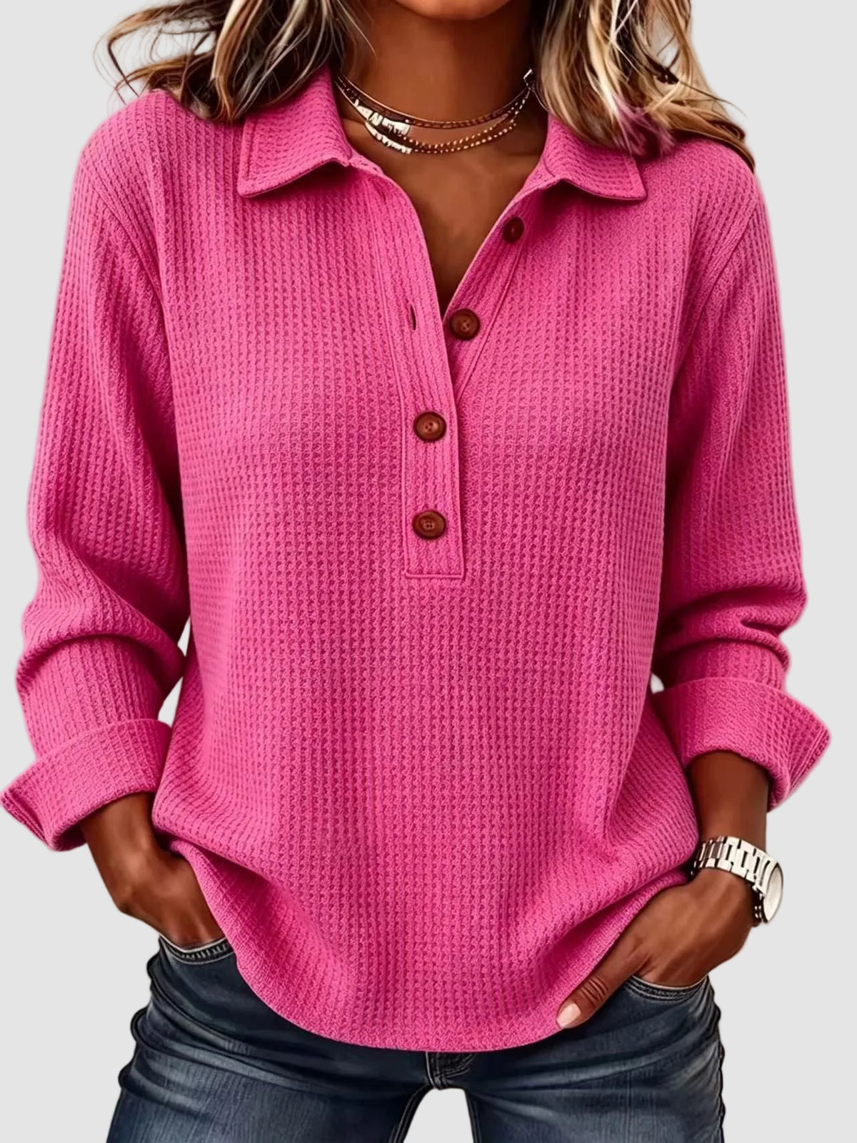Hot Sale-Women's Waffle Lapel Half Button Long Sleeve Top