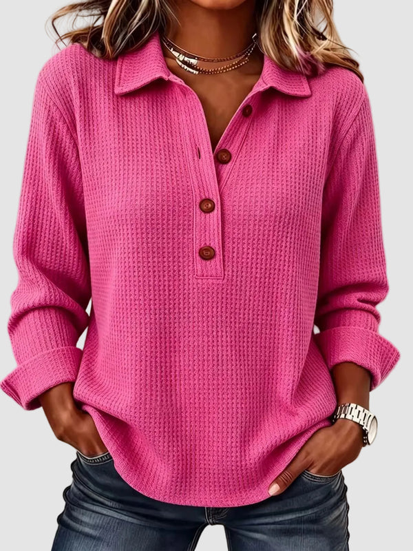 Hot Sale-Women's Waffle Lapel Half Button Long Sleeve Top