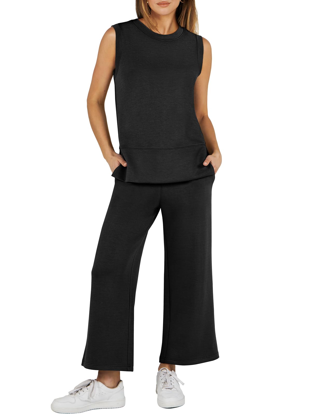 2024 SUMMER NEW Women's Sleeveless Slit Hem Wide Leg Suit Casual Two Piece Set