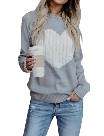 Women's Pullover Sweaters Long Sleeve Front Ribbed Knitted Cute Heart Sweater