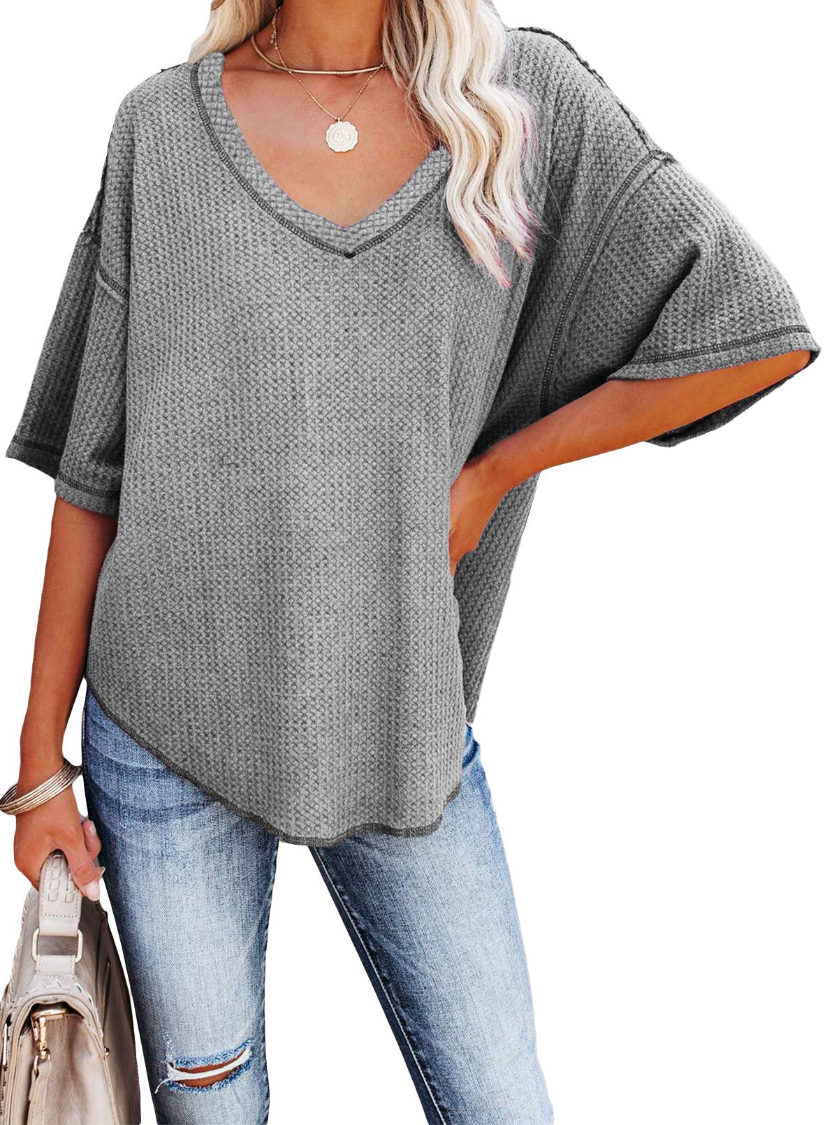 ✨Women's Causual V Neck Short Sleeve Shirts Waffle Knit Loose Tunic Tops
