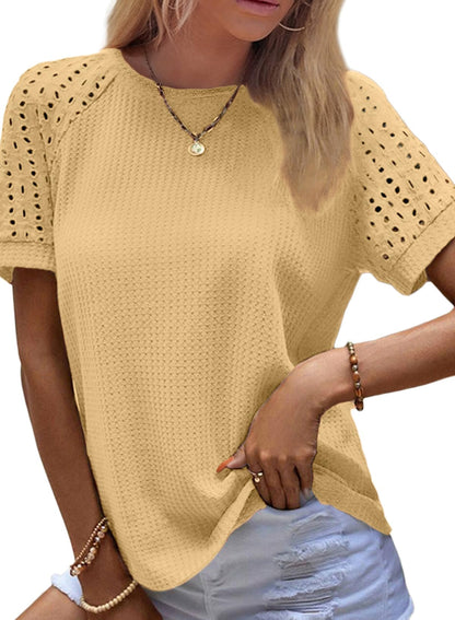 ✨Women's Casual Crew Neck Hollow Out Raglan Short Sleeve Waffle Knit Tops