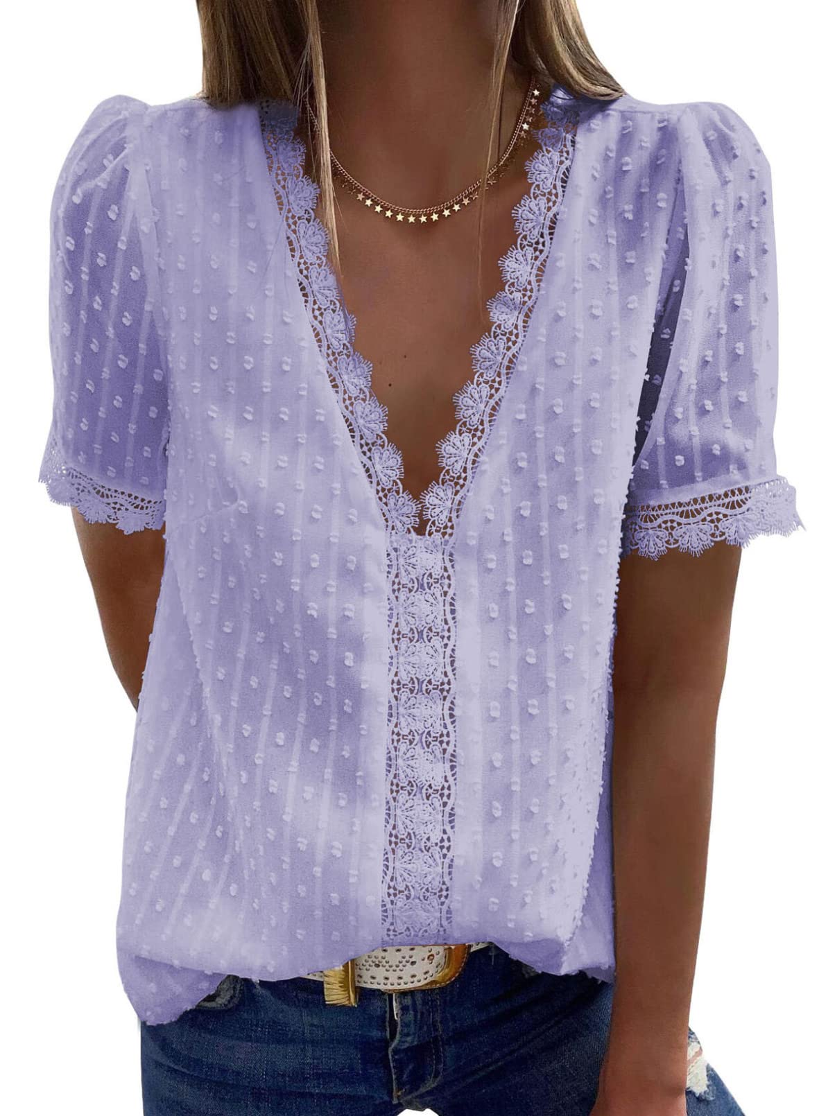 ✨Hot Sale-Women's V Neck Lace Crochet Tunic Tops Flowy Casual Shirts