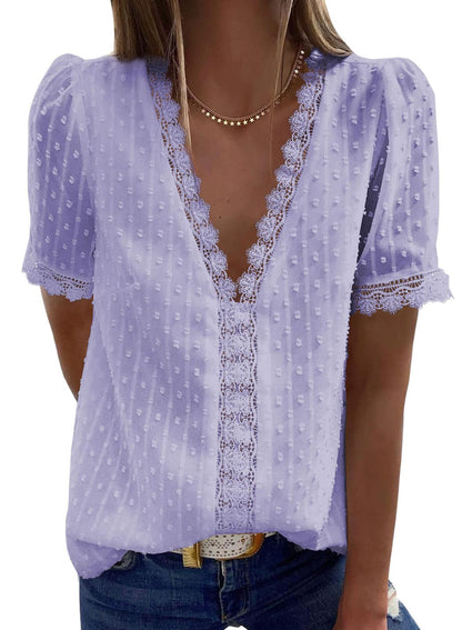 ✨Hot Sale-Women's V Neck Lace Crochet Tunic Tops Flowy Casual Shirts