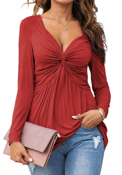 Hot Sale Women V-Neck Front Knotted Long Sleeve Casual Solid Color Pullover Tops
