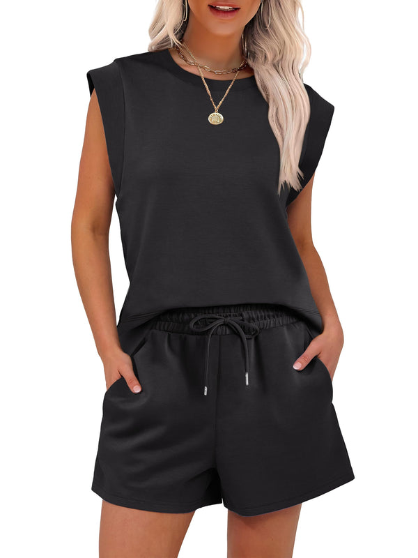 New Women's Cap Sleeve Crewneck Tops and Drawstring Short Outfits Two Piece Sets