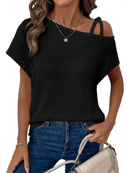 ✨Women's Off One Shoulder Waffle Knit Short Sleeve T-Shirts
