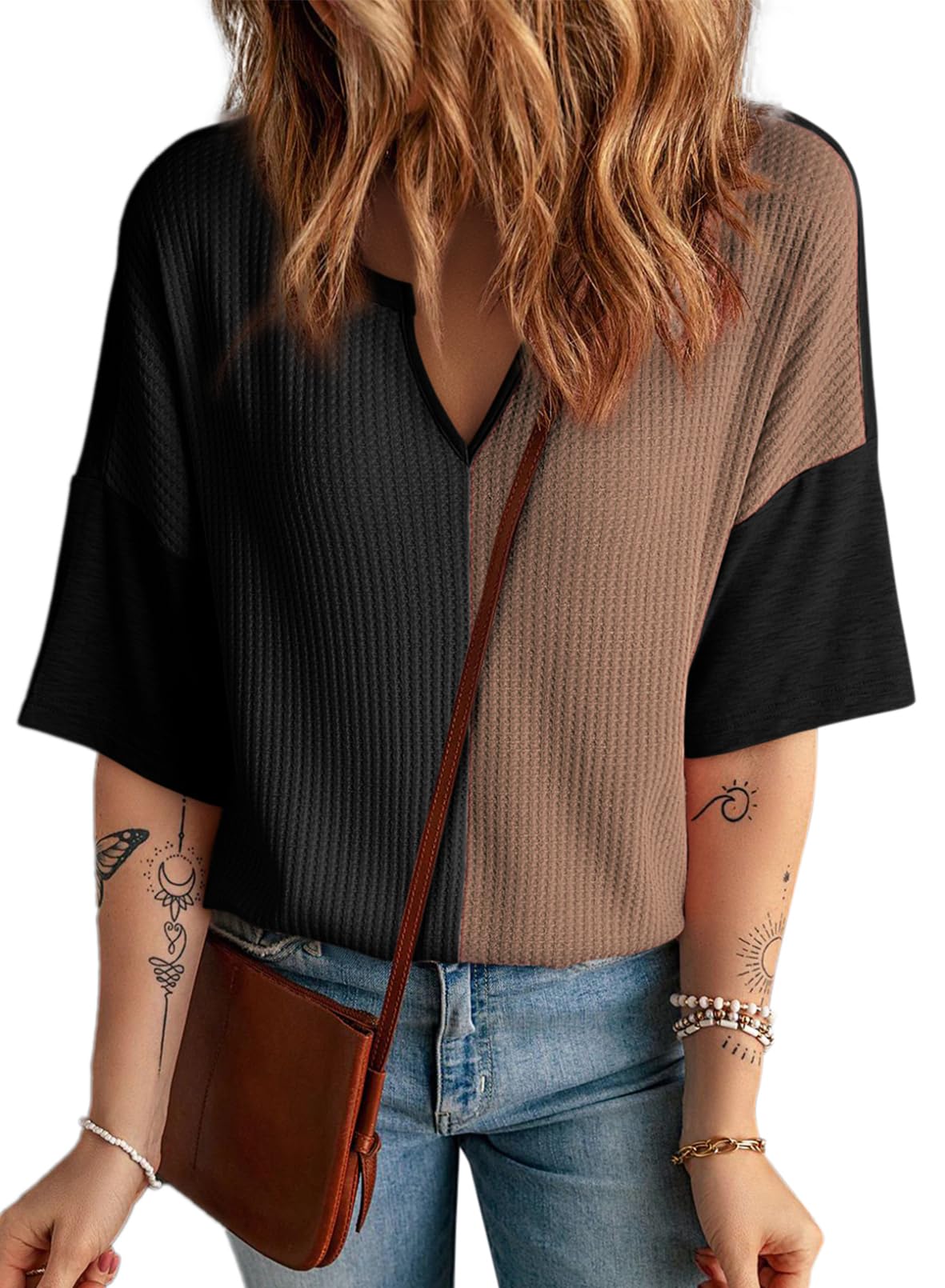 ✨Women's Half Sleeve Waffle Knit Casual V Neck Colorblock Patchwork Shirts