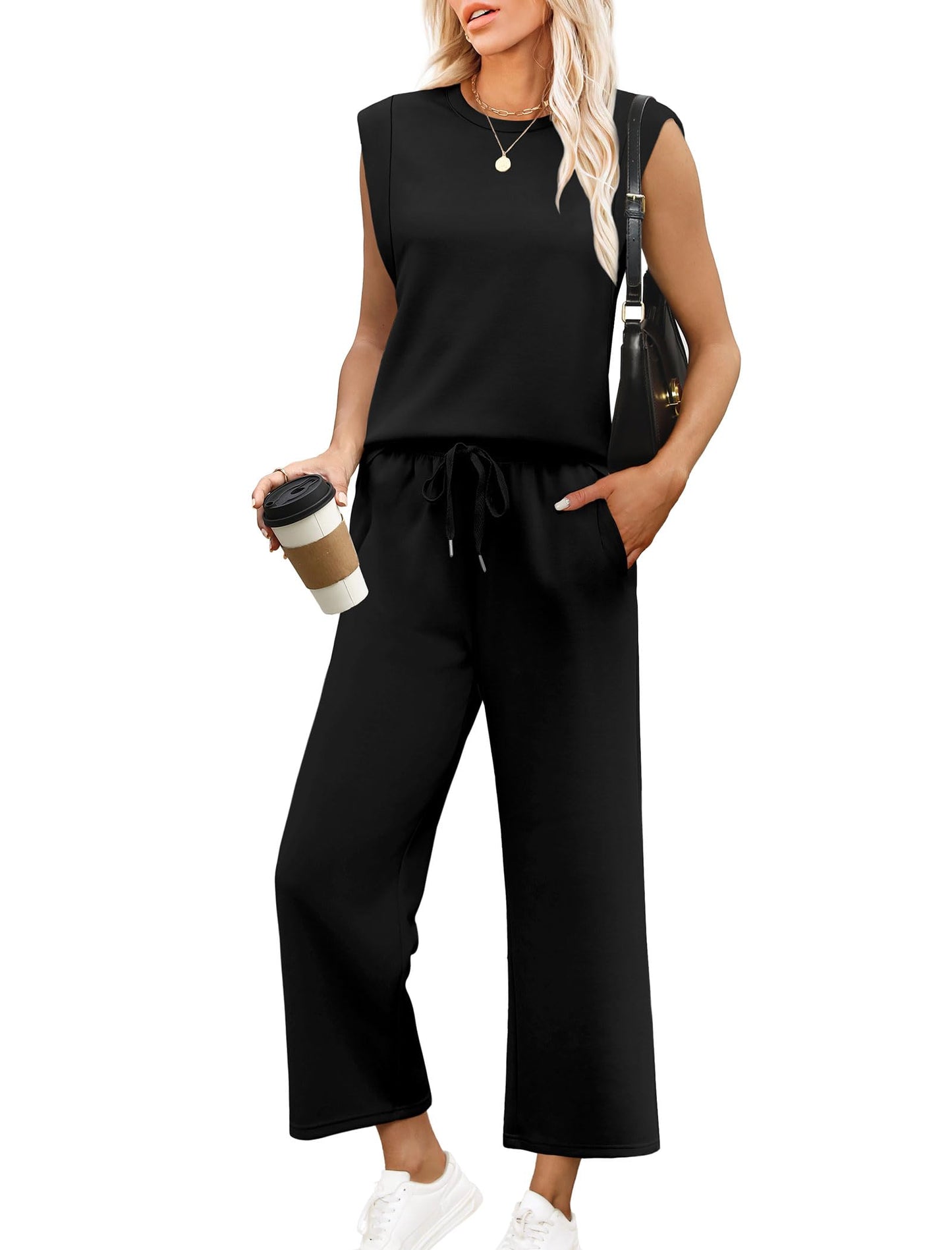 ✨Women's Casual Cap Sleeve Top Wide Leg Crop Pants Two Piece Sets