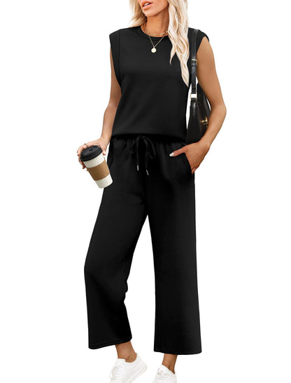 ✨Women's Casual Cap Sleeve Top Wide Leg Crop Pants Two Piece Sets