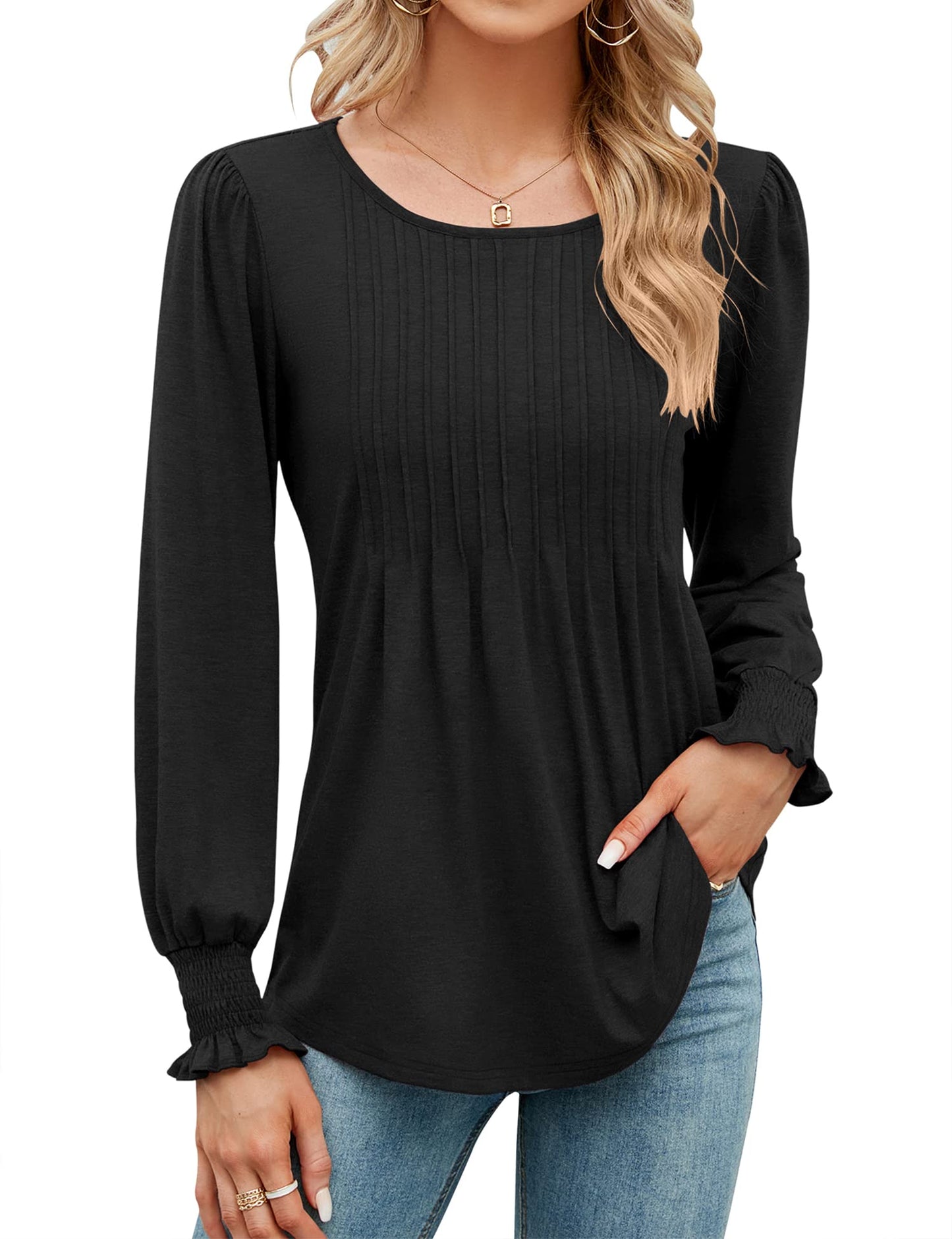 ✨Fall New Women's Pleated Puff Long Sleeve Tunic Tops