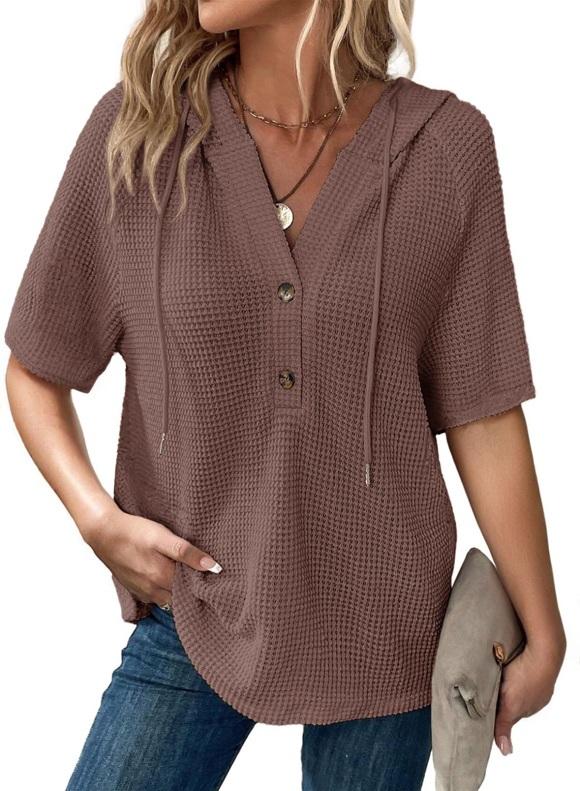 ✨Women's Waffle Knit Button V Neck Short Sleeve Lightweight Drawstring Hoodies(BUY 2 10% off)