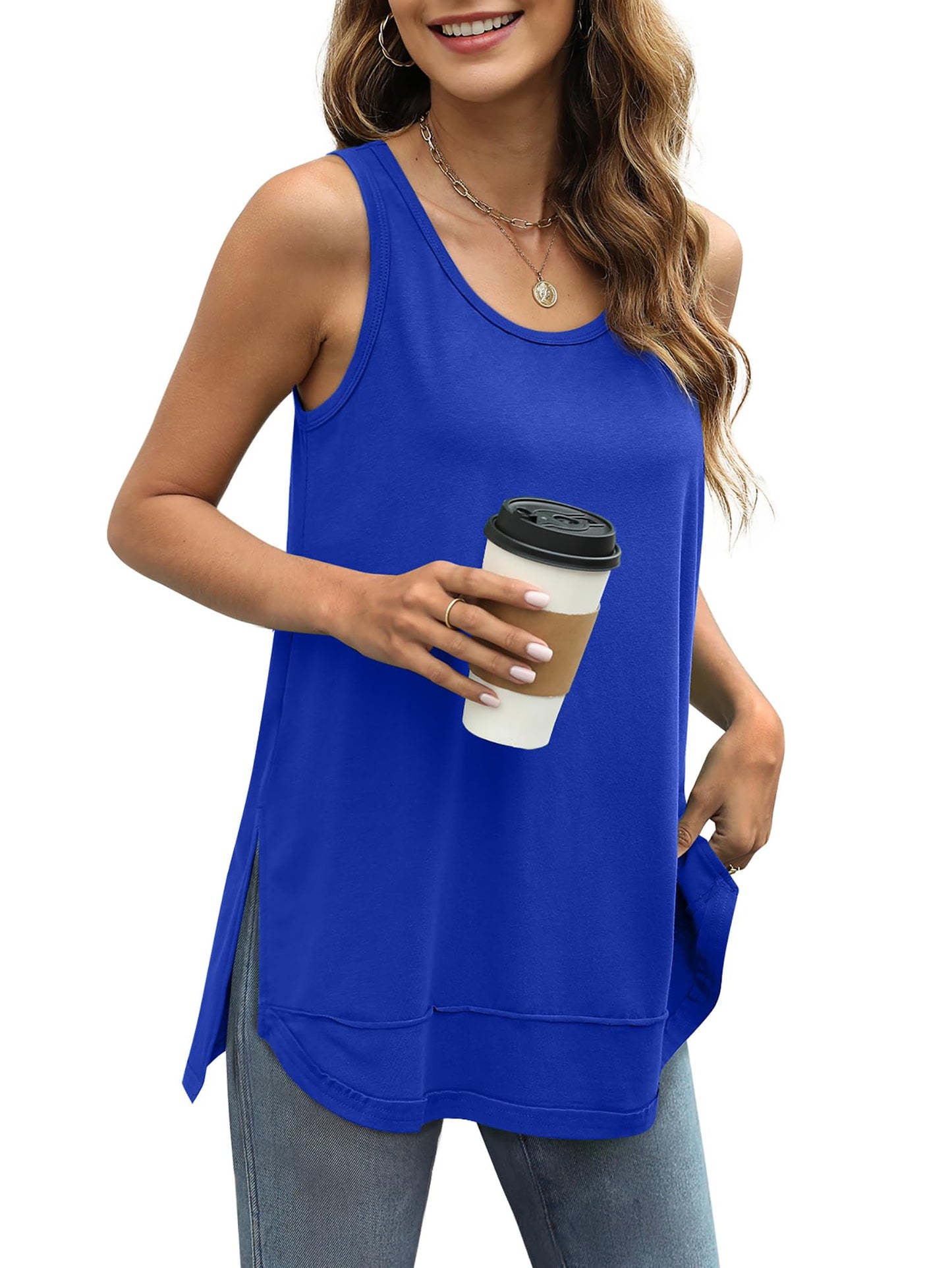 Women Scoop Neck Summer Side Split Sleeveless Shirts