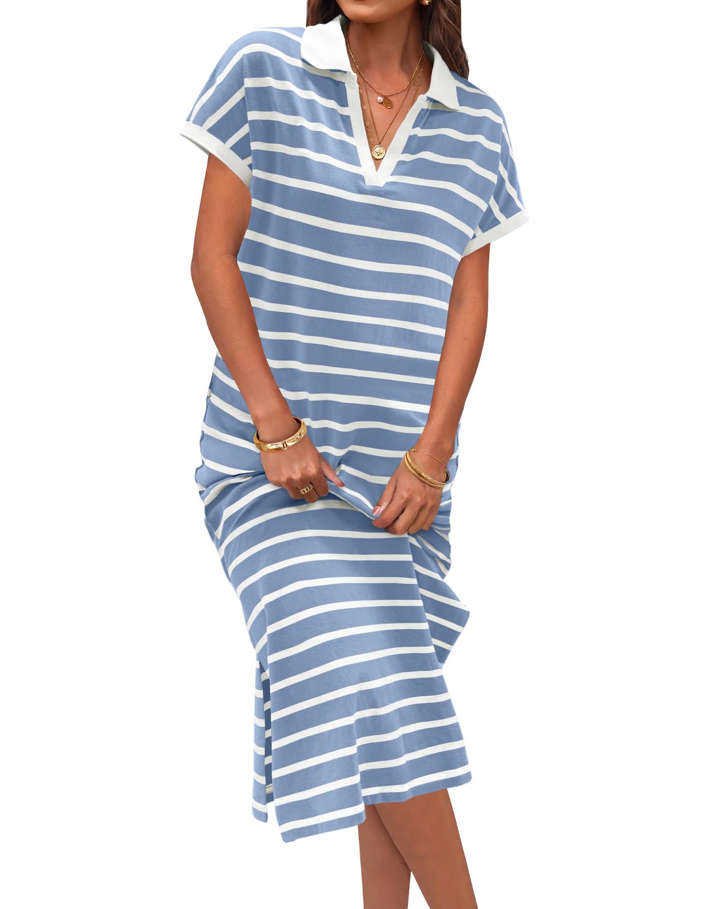 Women's V Neck Side Slit Striped Maxi Dress