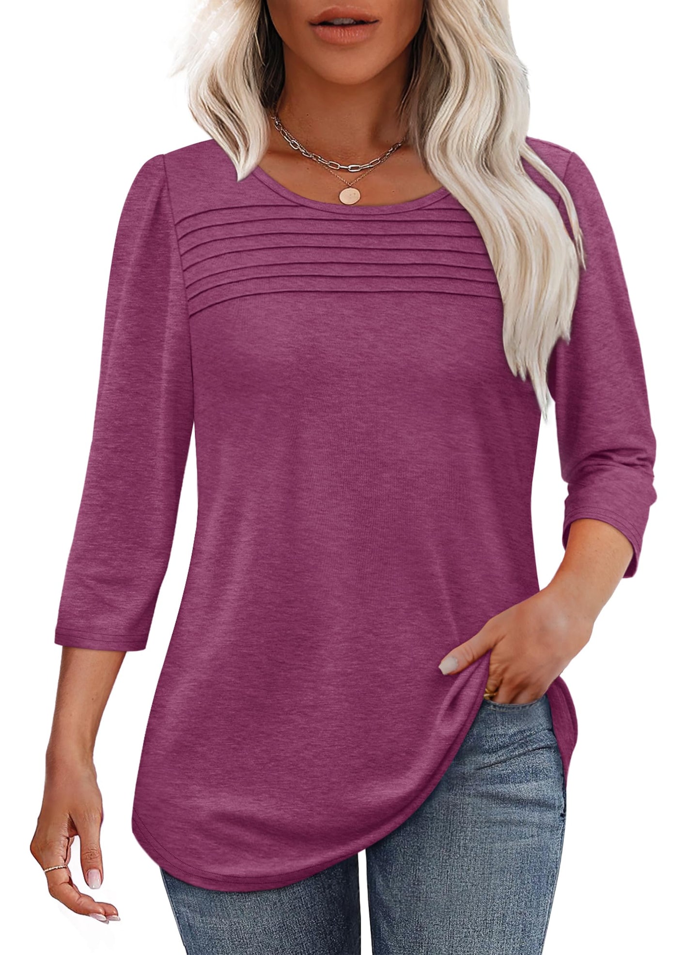 ✨ Women's 3/4 Length Sleeve Top Pleated Front T-Shirt