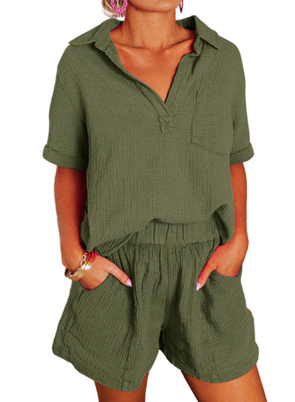 ✨Women's Two Piece Outfits V Neck Short Sleeve Shirts and High Waist Shorts Lounge Sets