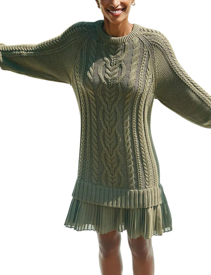 Women Crewneck Cable Knit Sweater Mini Dress