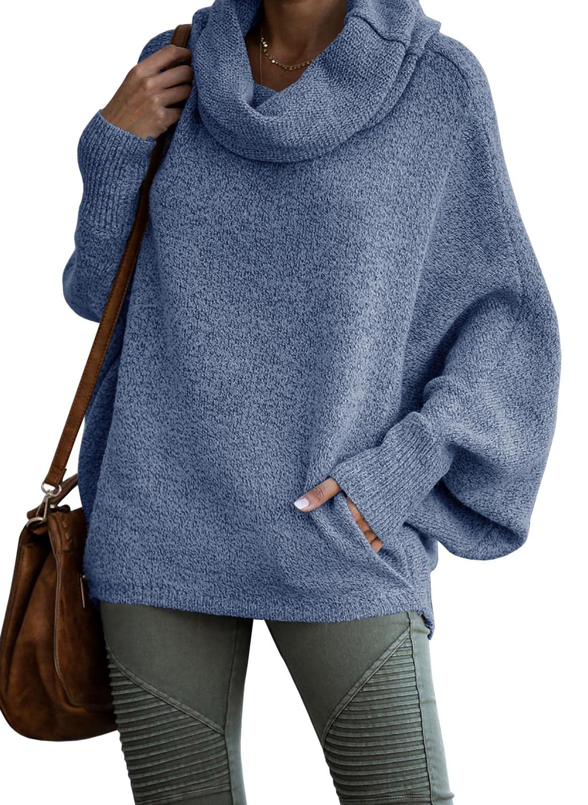 Women's Cowl Neck Batwing Sleeve Pullover Sweater with Pockets(50% OFF)