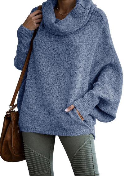 Women's Cowl Neck Batwing Sleeve Pullover Sweater with Pockets(50% OFF)