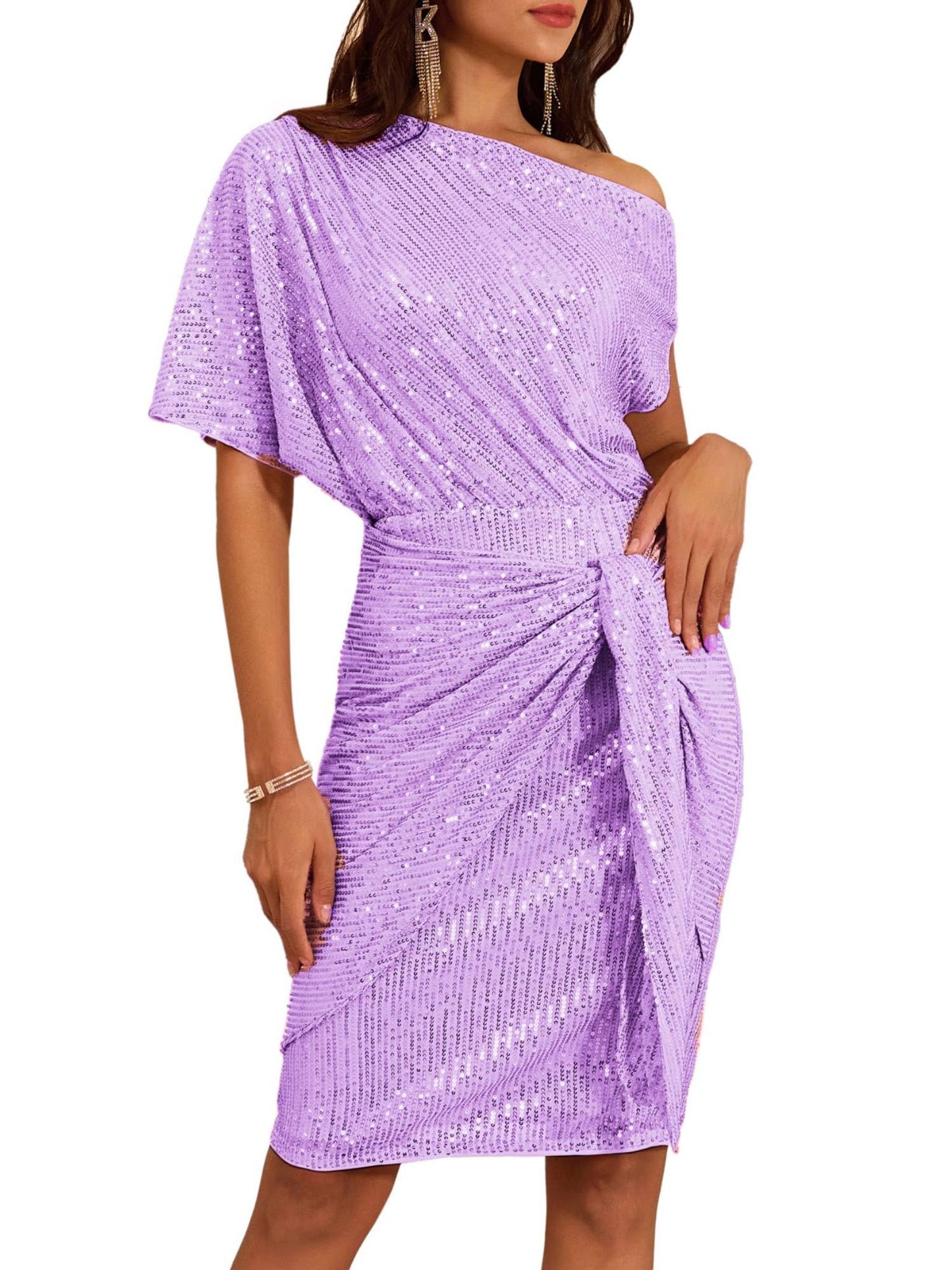 ✨Women's Sequin Sparkly Glitter One Shoulder Ruched Bodycon Dress(Last day 50% OFF!!!)