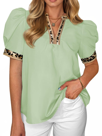 ⏰Hot Sale-Womens Leopard V Neck Color Block Puff Sleeve Tops