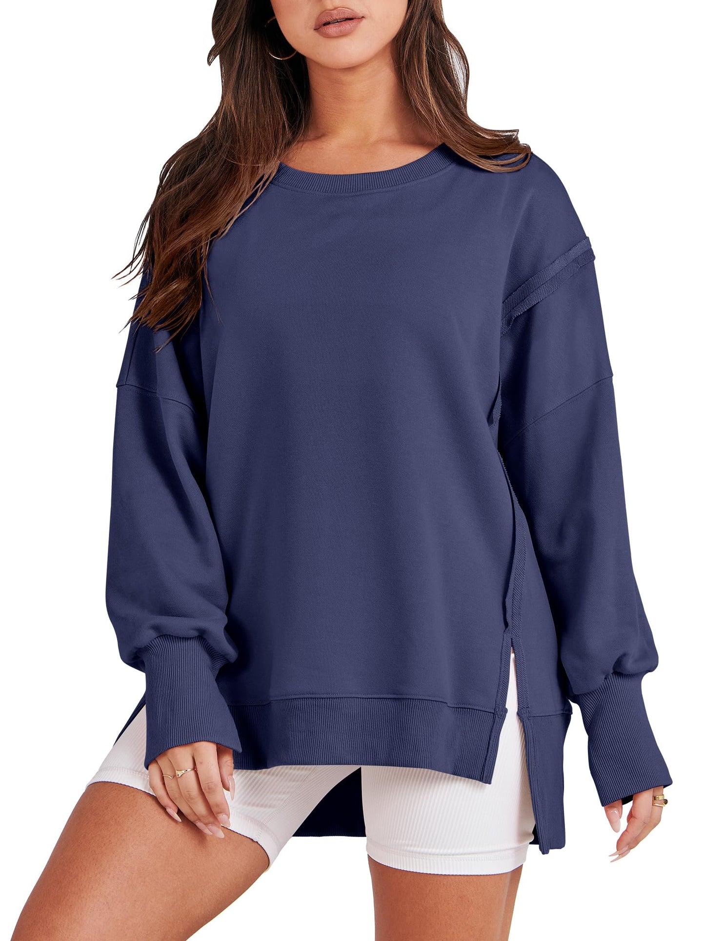 ✨ Women's Oversized Crew Neck Sweatshirt Slit Pullover