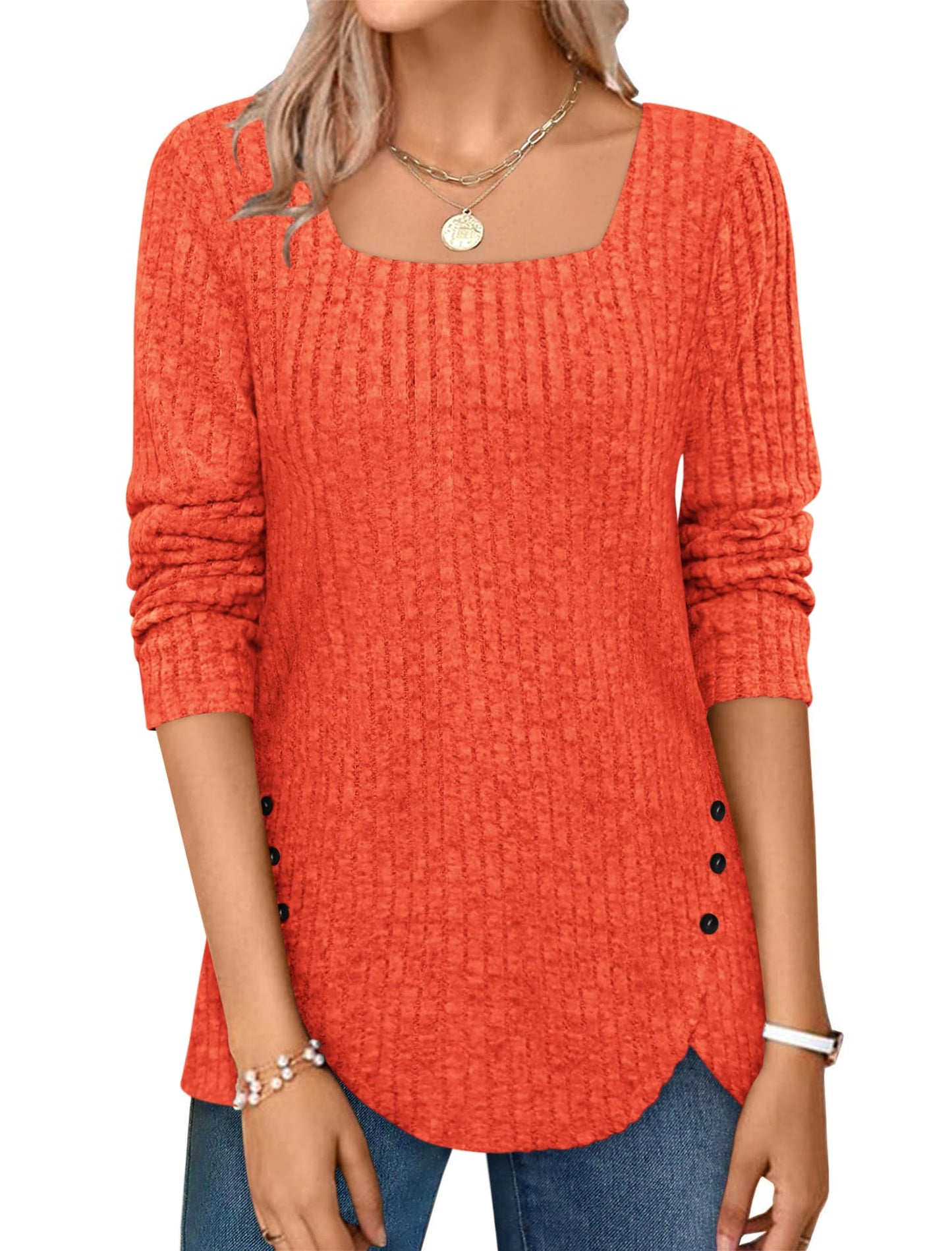 ✨Squared Neck Sweater Ribbed Knit Tunic Tee Shirts
