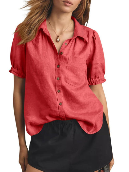 Women's Puff Short Sleeve Linen Blend Button-Down Shirt