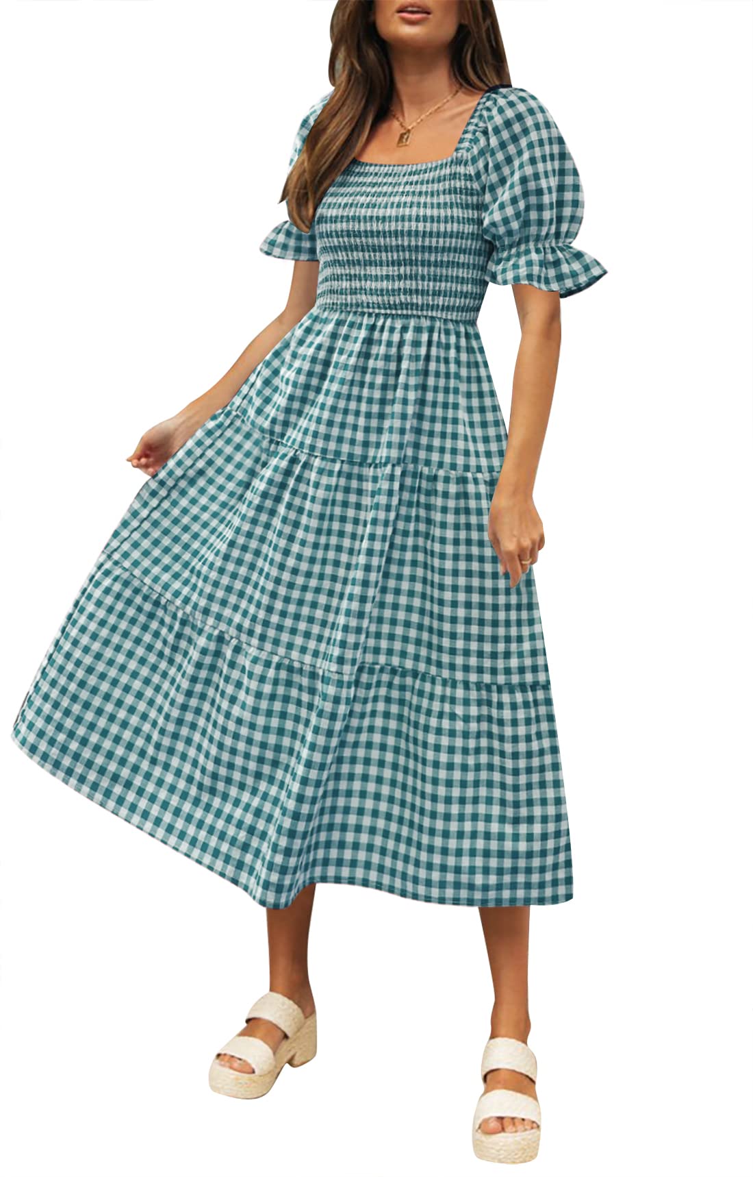 ✨Women's 2025 Summer Plaid Tiered Square Neck Puff Sleeve Ruffle Flowy Midi Dress