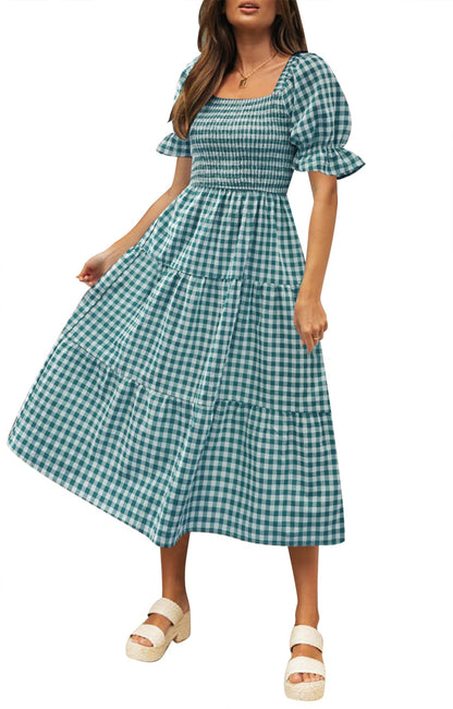 ✨Women's 2025 Summer Plaid Tiered Square Neck Puff Sleeve Ruffle Flowy Midi Dress