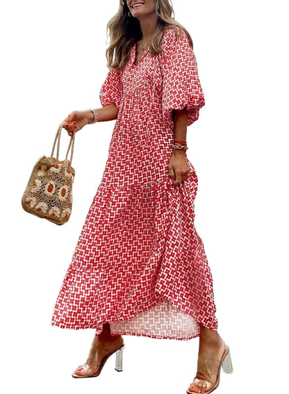 ✨Women's Puff Sleeve Floral Boho Maxi Dress