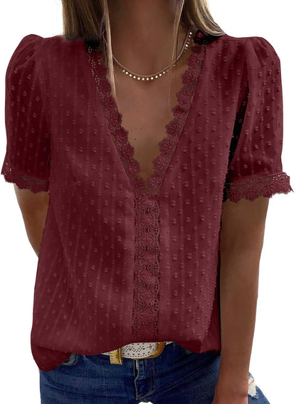 ✨Hot Sale-Women's V Neck Lace Crochet Tunic Tops Flowy Casual Shirts