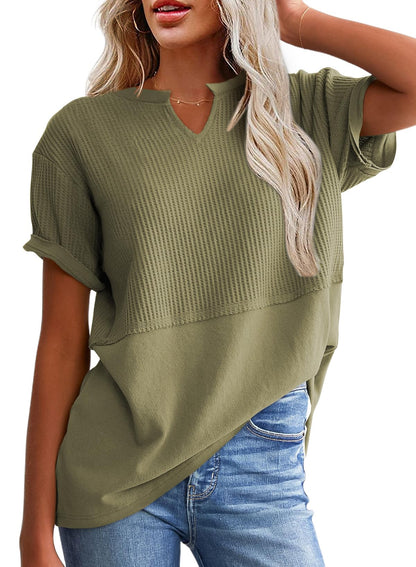 ✨Women's Casual V Neck Waffle Knit Tops Short Sleeve T Shirts