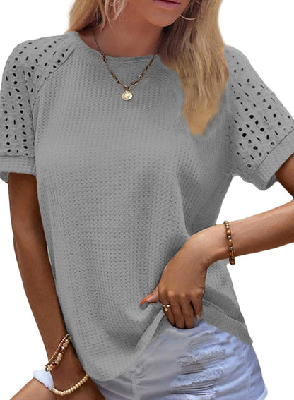 ✨Women's Casual Crew Neck Hollow Out Raglan Short Sleeve Waffle Knit Tops