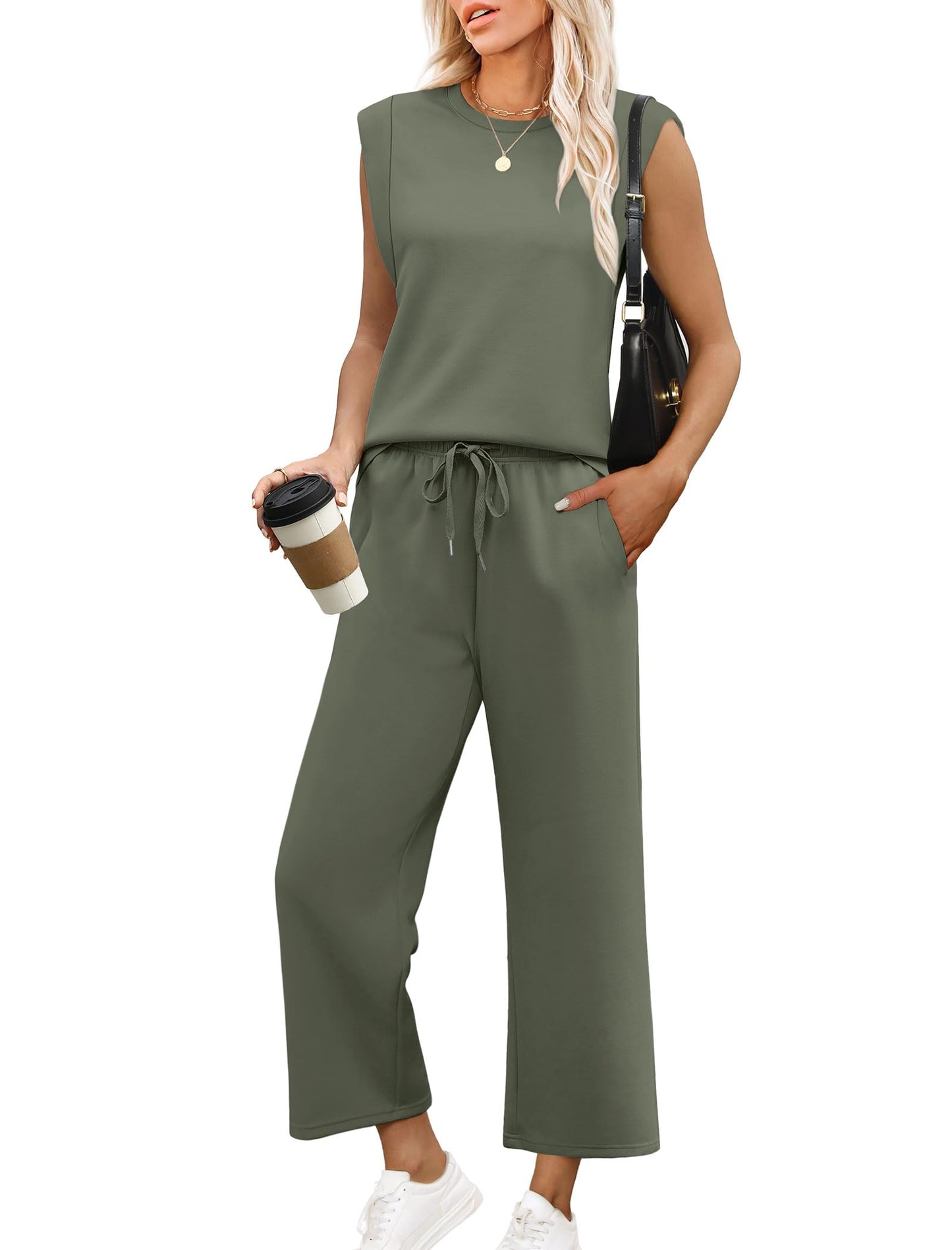 ✨Women's Casual Cap Sleeve Top Wide Leg Crop Pants Two Piece Sets