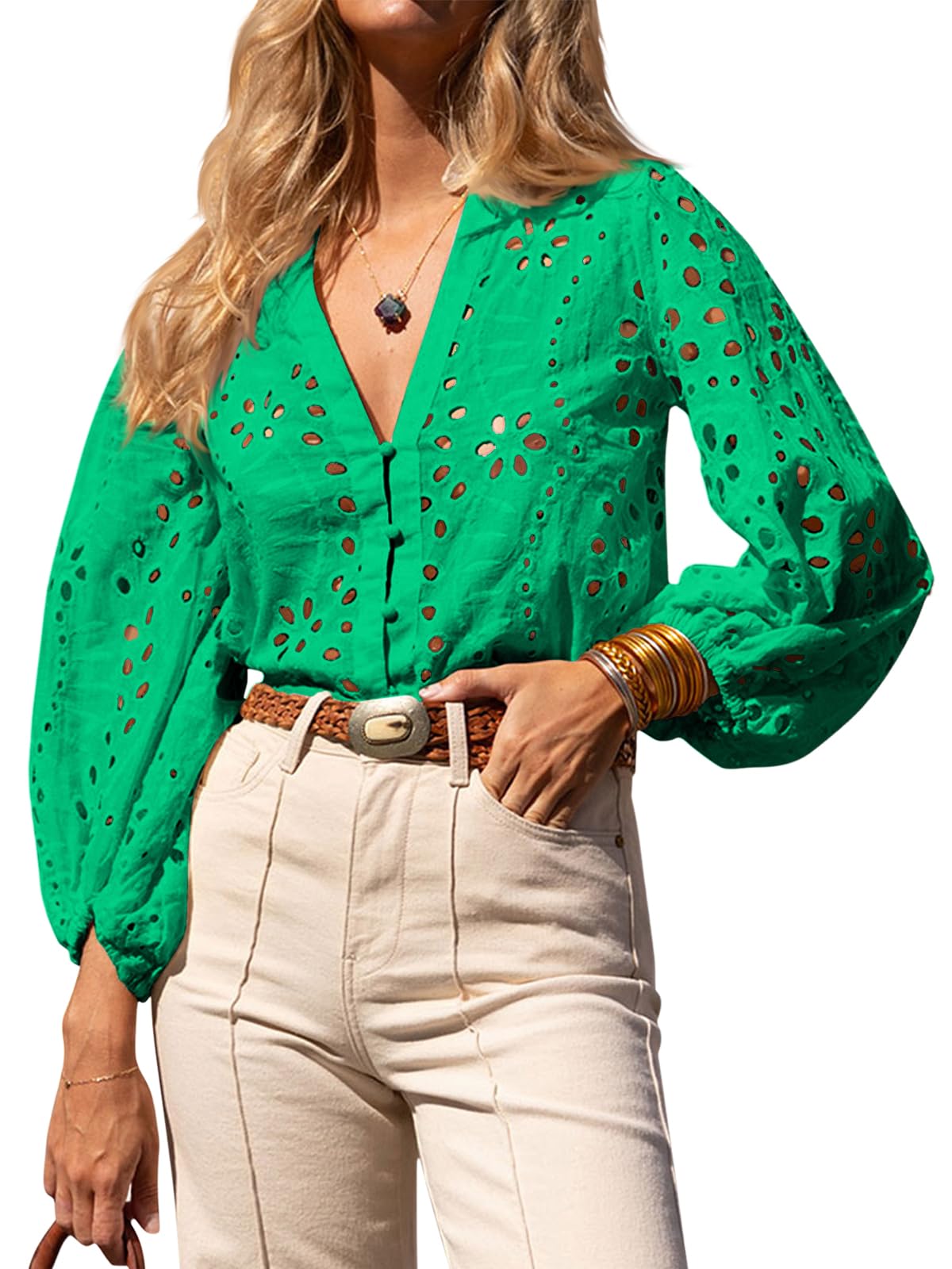 ✨Womens Summer Deep V Neck Eyelet Blouses Casual 3/4 Balloon Sleeve Button Down Shirts
