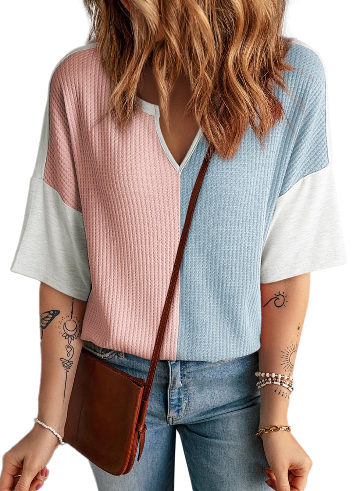 ✨Women's Half Sleeve Waffle Knit Casual V Neck Colorblock Patchwork Shirts