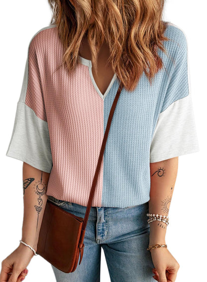 ✨Women's Half Sleeve Waffle Knit Casual V Neck Colorblock Patchwork Shirts