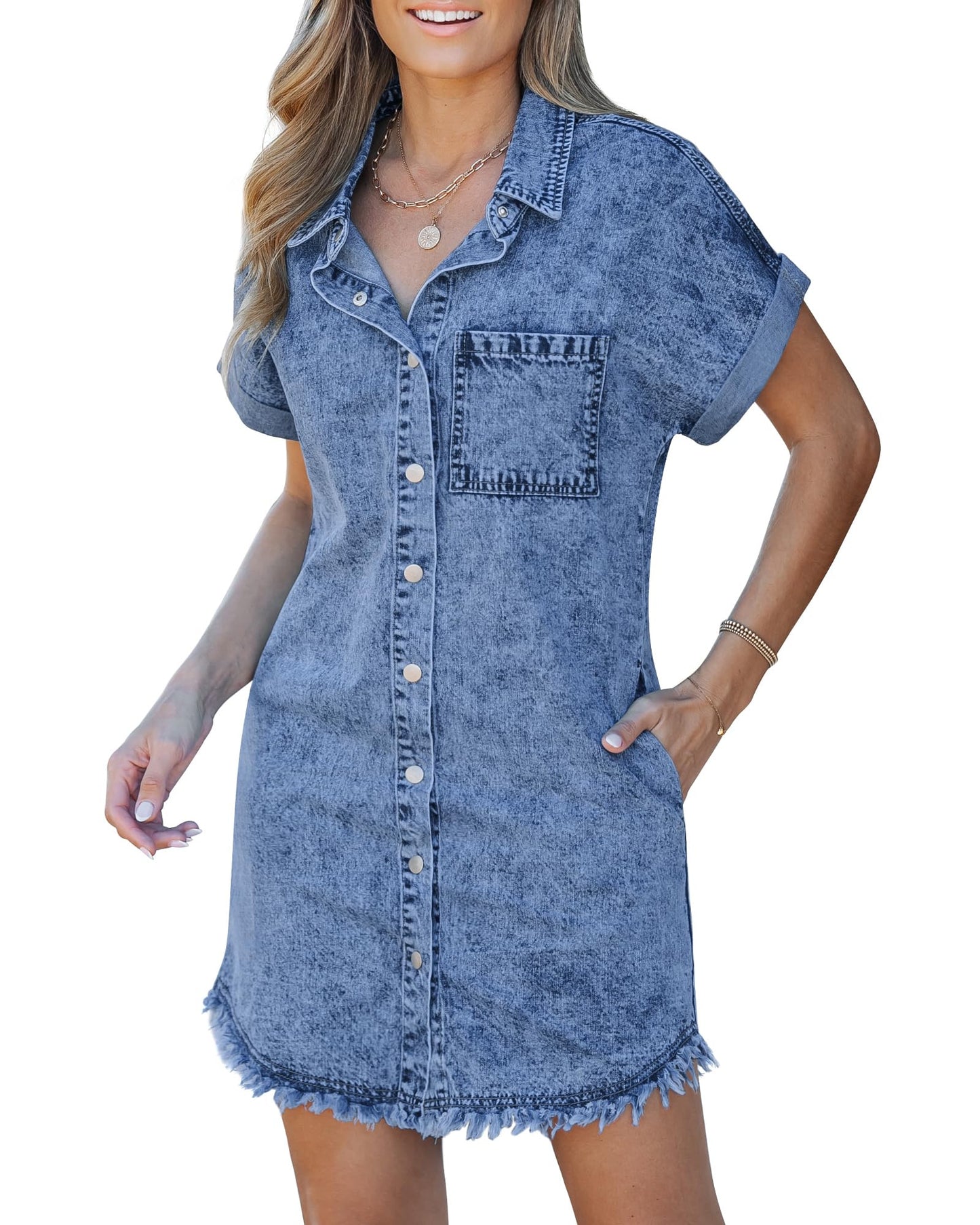 ✨Women's Button Down Frayed Hem Denim Shirt Dresses