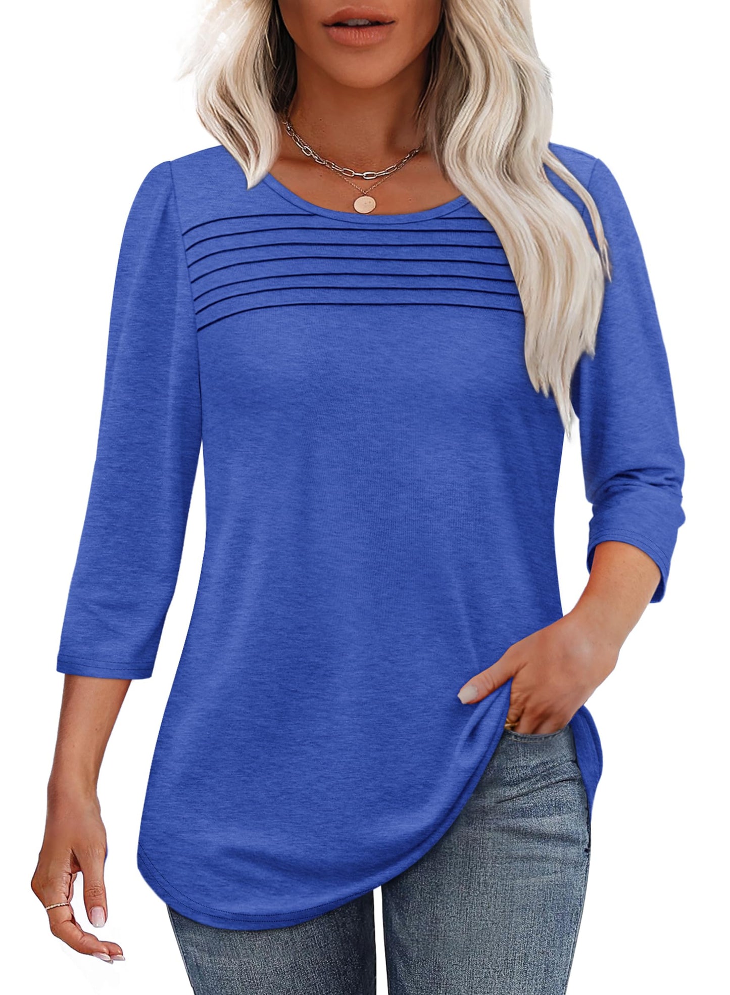 ✨ Women's 3/4 Length Sleeve Top Pleated Front T-Shirt
